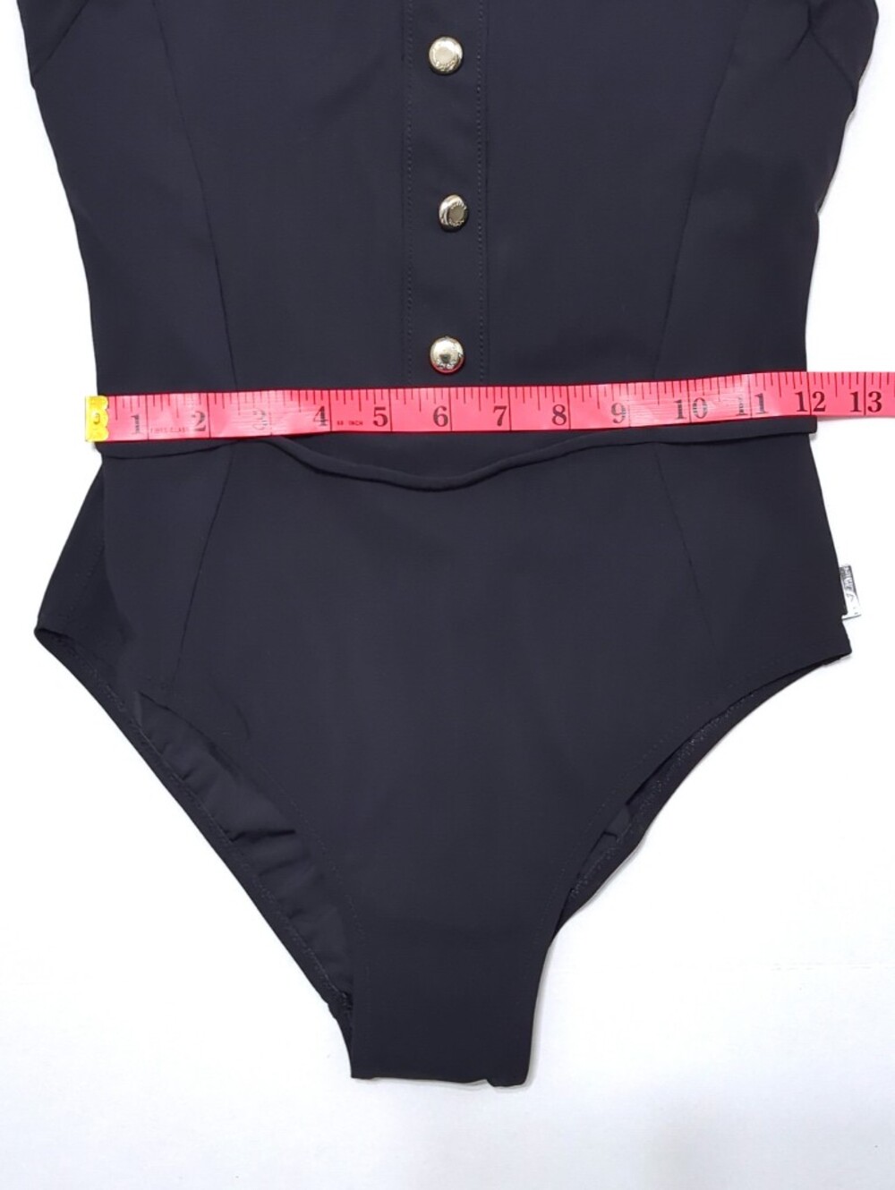 SHAN Black One Piece Swimsuit Underwire Open Back Logo Buttons Size 10 - Picture 13 of 14